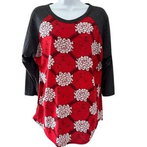 Lularoe Raglan Mid Sleeve Randy Red Gray Floral Tee Shirt Size L